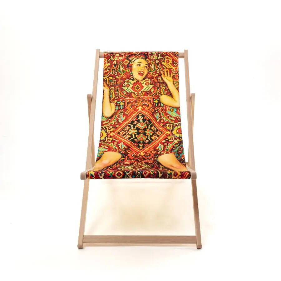 Seletti Toiletpaper Wooden Folding Deckchair Lady On Carpet